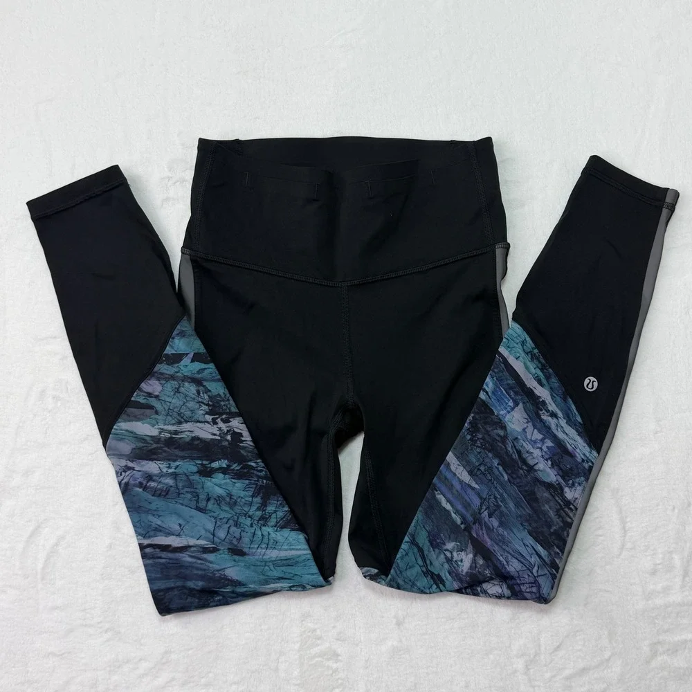 Lululemon Athletica‎ Black Blue Abstract Print Leggings Cropped Activewear Women